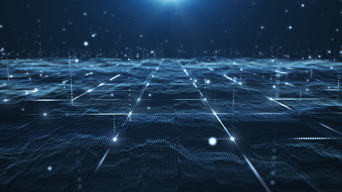 Abstract digital data landscape with glowing particles