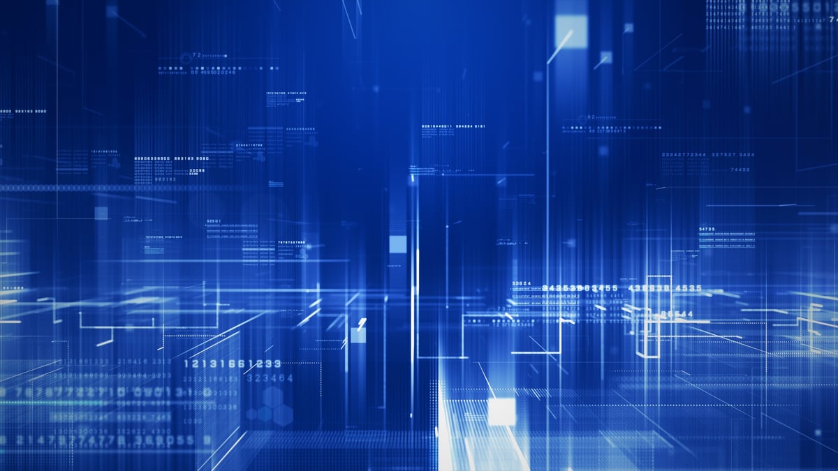 Abstract digital background featuring glowing blue lines and floating data elements