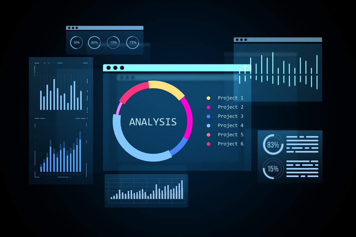 Modern digital interface showing charts, bar graphs, and analysis symbols in neon blue style on dark background