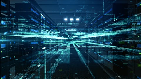 Futuristic data center with high-speed digital transmission lines, AI analytics, and big data processing streams across server racks and IT infrastructure.