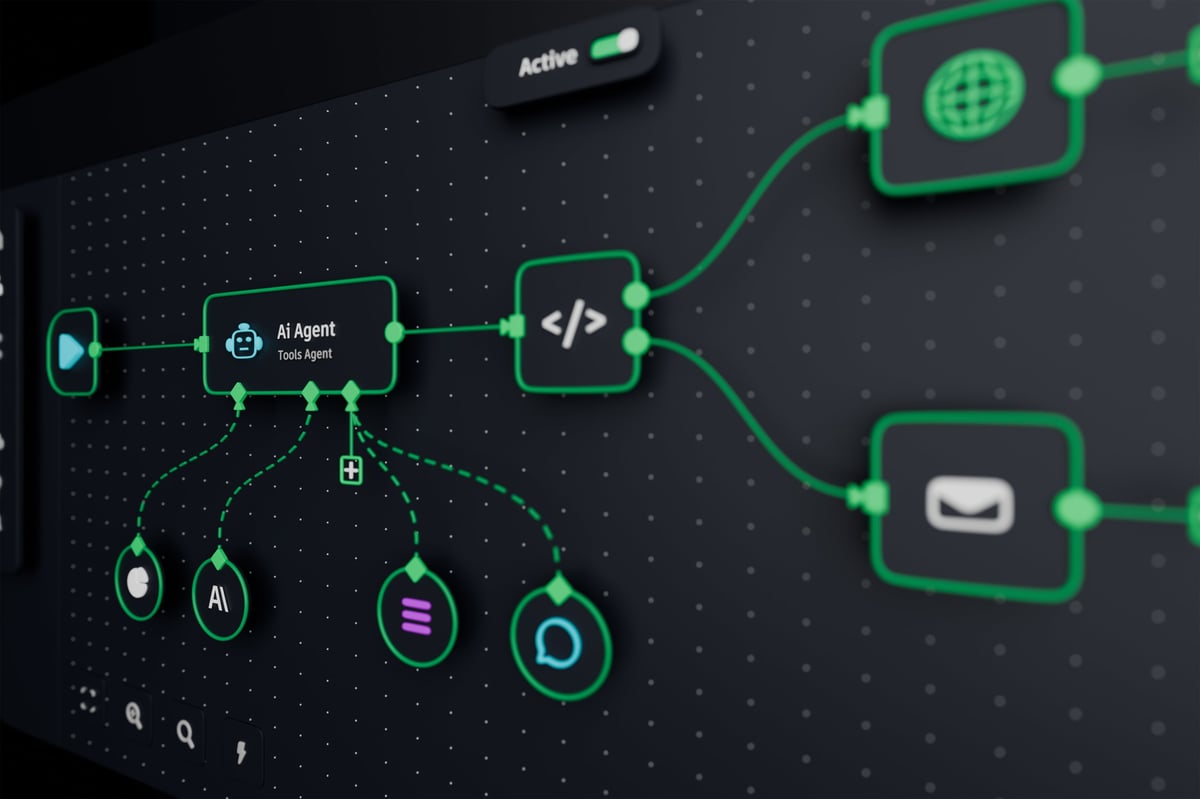 AI workflow automation schematic with nodes and process flow